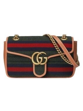 Gucci Striped Wool Shoulder Bag in Green, Red, Navy with Tan Trim